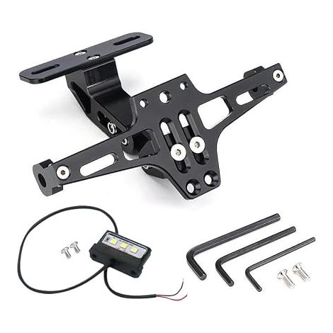 Support de plaque d'immatriculation universel réglable en aluminium CNC avec éclairage de plaque d'immatriculation LED, réglable pour moto, ATV, scooter, noir (1/5)