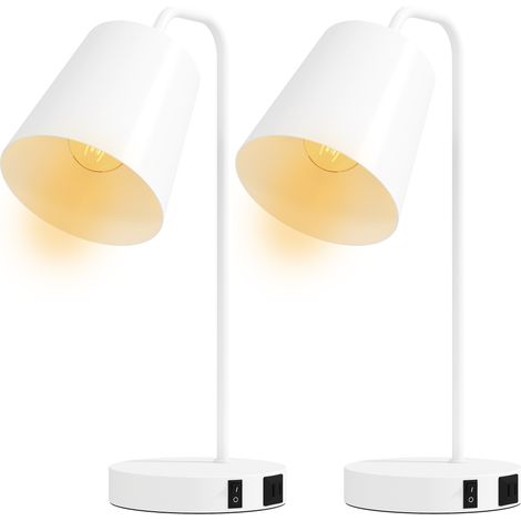Lot de 2 lampes de table modernes en acier avec ports USB, douille E27, blanches (1/5)