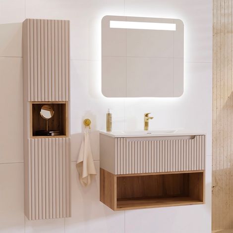 Ensemble meuble simple vasque encastrée 80cm et colonne Riva Cachemire et Bois (1/5)