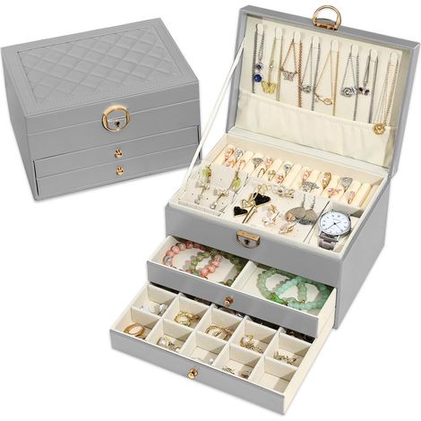 3-Tier Jewelry Box with 2 Drawers, Elegant Leather Jewelry Box, Ideal Jewelry Box for Necklaces, Bracelets, Rings and Earrings (Grey) (1/5)