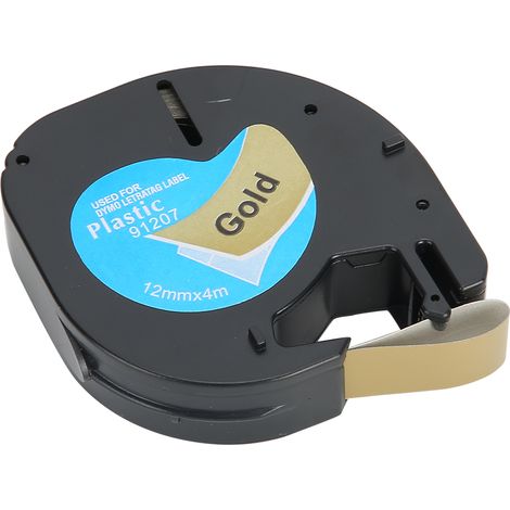 Ruban d'étiquettes de remplacement pour imprimantes d'étiquettes Dymo Letratag, 12 mm x 4 m, fond noir avec lettrage doré. (1/5)
