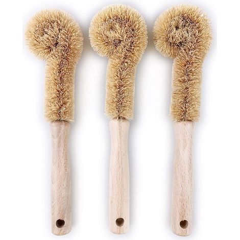 Set di 3 spazzole per la pulizia: spazzola per bottiglie，spazzola per tazze da latte，spazzola per pentole，robusto manico in legno，23,5×3×3 cm