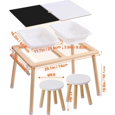 Mesa sensorial, bandeja de doble cara, contenedores de almacenamiento plegables, taburete. (1/2)