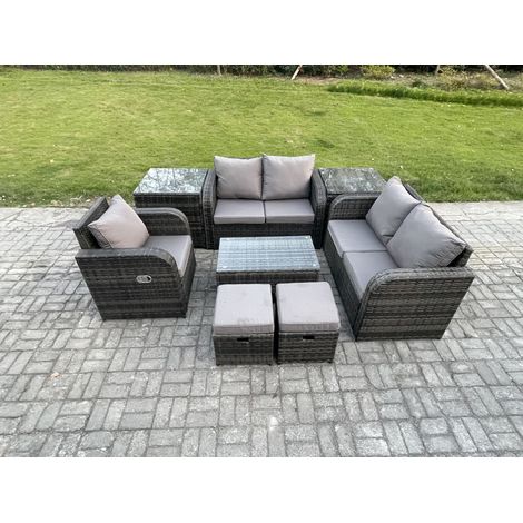 Fimous 7 places Salon de jardin en rotin avec Love Sofa Table basse rectangulaire 2 Petits poufs 2 Tables d'appoint Mélange gris foncé (1/5)