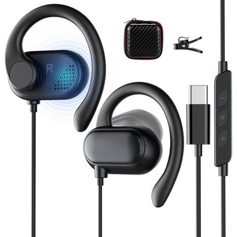 Casque Usb C Ouvert Pour Samsung S25 S24 Ultra S23 Fe S22 A56 A36, Écouteurs De Sport Filaires De Type C Avec Crochets Noir (1/5)