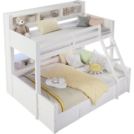 Lit superposé 90x200 cm + 140x200 cm Lit effent avec bandeau LED et  rangement intégré, échelle ajustable - Pin- Blanc