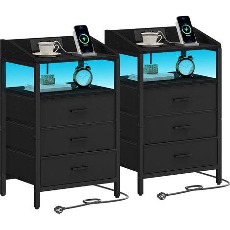 Tables de chevet lot de 2 avec lumières LED – 3 tiroirs en tissu – Station de chargement USB et prises – Design moderne noir