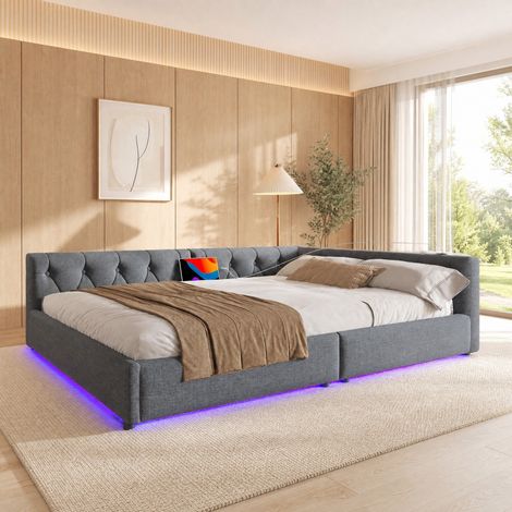 Schlafsofa 140x200 cm, mit Lattenrost, USB und Typ C Anschlüssen, 7 farbiger LED Beleuchtung, Leinen Grau (1/5)