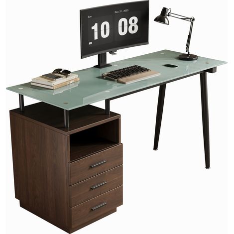 Bureau moderne 1305075cm avec plateau en verre, structure en tubes d’acier, trois tiroirs et compartiment de rangement ouvert, verre dépoli trempé, poignées noires, marron (1/5)