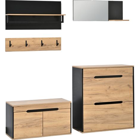 Mueble recibidor modular con zapatero, espejo, cajón y 4 ganchos, 156x36x176 cm (1/5)