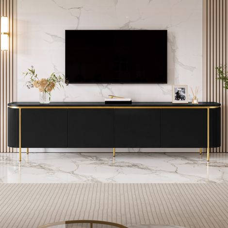 Mobile tv 180x38x46 cm porta tv per soggiorno con 6 ante - mobiletto basso in mdf e piedini in ferro stile moderno scanalato e arrotondato - nero (1/5)