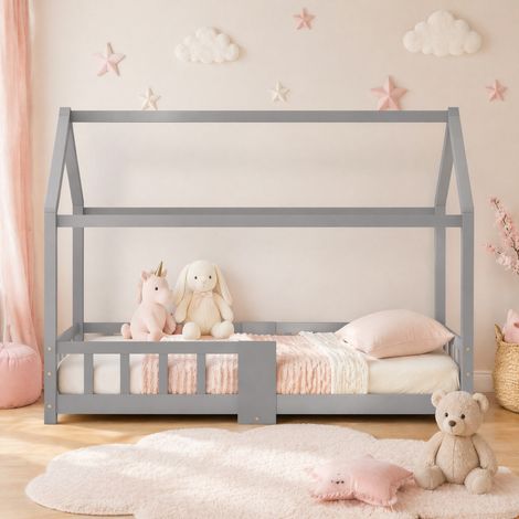 Lit cabane 90x200 avec tableau, bois gris HAVRYA (1/5)