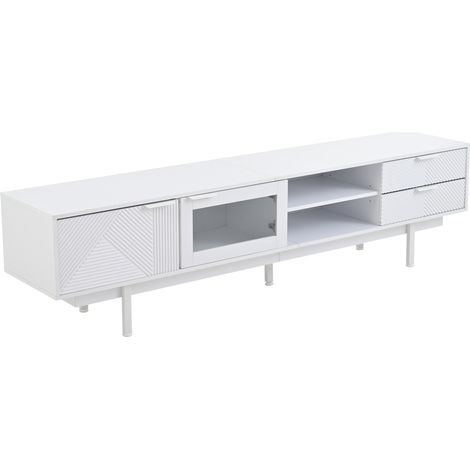 Meuble TV moderne blanc 200x40x50,5 cm avec 2 portes et 2 tiroirs, adapté pour TV jusqu'à 80 pouces (1/5)