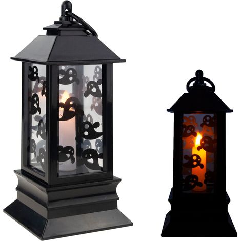 Schwarze LED-Kerzenlaterne mit Geistermotiv, Halloween-Dekoration, imitiert Flammen, 20 cm hoch (1/5)