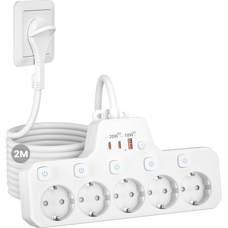Multiprise 5 Prises Fiche Plate, pour Prise Extra-Plate Derriere Meuble  Prise Multiple avec Interrupteur Individuel,Bloc Murale avec USB Charge Rapide PD20W et QC18W,Rallonge Electrique 2M,Blanc (1/5)