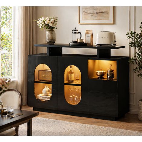Buffet 140x35x80 cm avec éclairage LED vitrine ovale rangements étagères réglables Brillant Noir