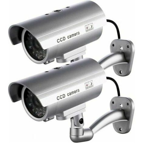 2 x Camera Factice Caméra Extérieure Factice Pour une Utilisation Intérieure ou Extérieure Avec une Forme de Balle LED Clignotante（Argent）