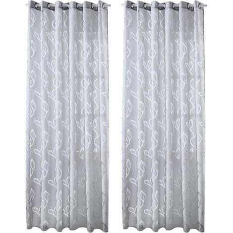 (Gris)2 Pièces Rideaux Voilage Gris 100x250 cm avec Motifs de Feuilles Décoration Élégante de Salon Chambre Salle à Manger (1/4)