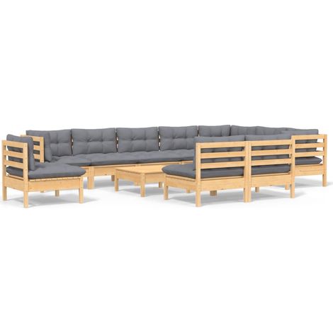 Juego de muebles de jardín 11 pzas y cojines madera maciza pino vidaXL (1/5)