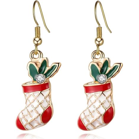 Boucles d'oreilles chaussettes de Noël tendance, boucles d'oreilles chaussettes de Noël en forme de feuille et diamant scintillant, simples et polyvalentes, personnalisées et mignonnes pour Noël (1/5)