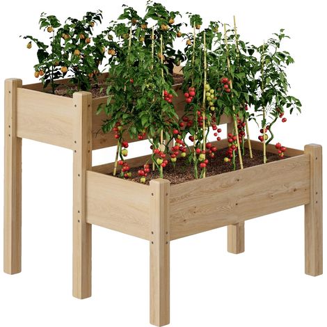 Jardin surélevé en bois, design ergonomique, structure à deux niveaux, Bois (1/2)