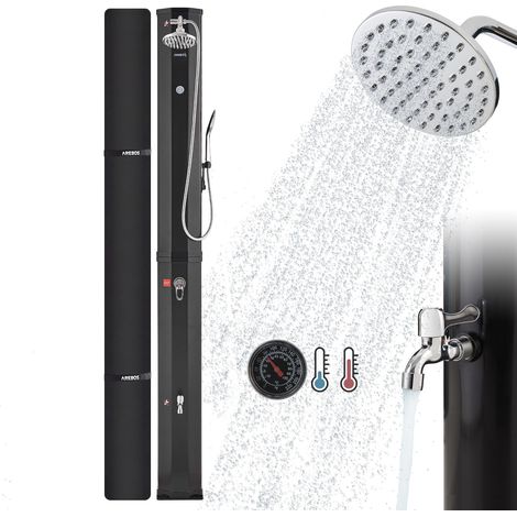 AREBOS Solar Shower 60 L  with Hand Shower & Thermometer  Water Temperature up to 60°C Pool Shower Camping  Round Shower Head  Snap-In Technology  Incl. Cover  Black (1/5)