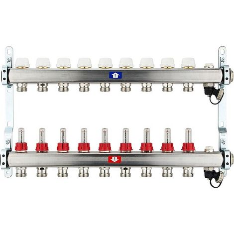Fußbodenheizungsverteiler aus Edelstahl mit Topmeter für 9 Heizkreise - ohne Anschlussset (1/5)