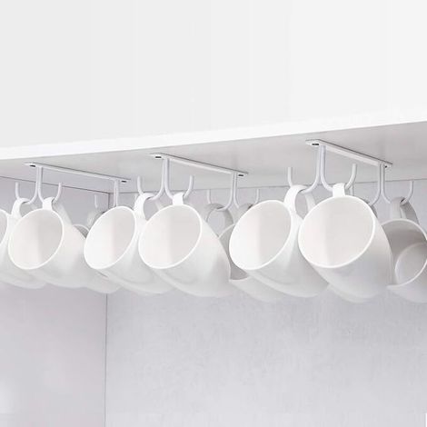Crochet pour armoire, crochet de rangement en métal sous l'armoire avec 4 vis, set de 3 porte-gobelets, tasses, verres à bière, ustensiles de cuisine, (blanc)