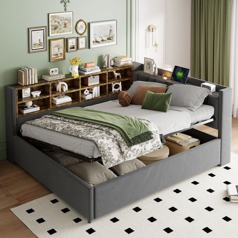Schlafsofa (214.5x150.5x81 cm), mit hydraulischem Stauraum, Nachtlicht, USB und Typ C, Samt, Grau (1/5)