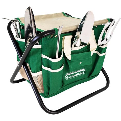 Kit Complet d'Outils de Jardinage - 7 Pièces, Acier Inoxydable Robuste, Tabouret Pliant Solide, Sac à Outils Détachable (1/4)