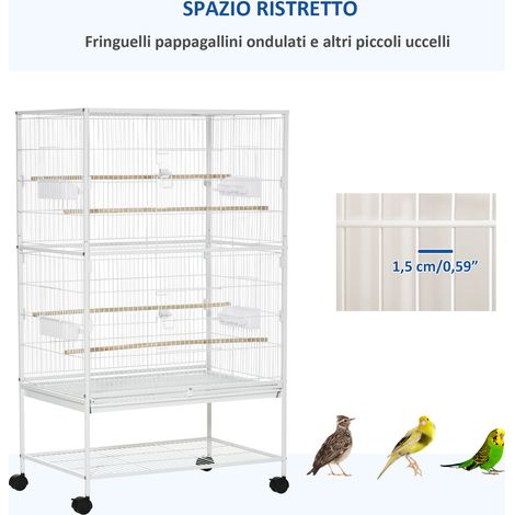 Cage d'intérieur pour oiseaux avec plateau amovible, 4 roues et perchoir, 78 x 52 x 132 cm, blanche