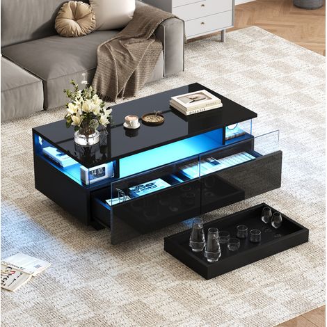 Tavolino da caffè 90x45x35.5 cm nero in MDF e vetro temperato con 2 cassetti, vassoio removibile e LED (1/5)
