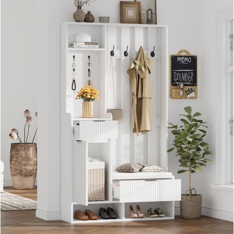 Mobile scarpiera 100 x 30 x 180 cm con panca, 8 ganci, 2 cassetti e armadio, bianco HAVRYA (1/5)