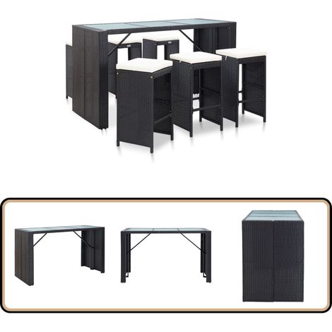7-tlg. Gartenbar-Set mit Auflagen Poly Rattan Schwarz - Gartensets - Gartenbar - Barhocker - Outdoor Möbel - Rattan Gartenmöbel