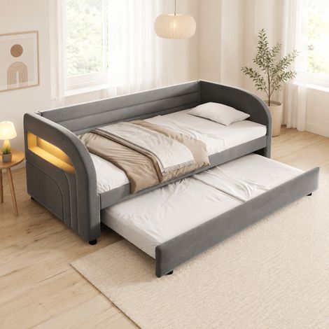 Cama tapizada 90 x 200 cm con cama nido y luz LED multicolor, gris DESVIAE (1/5)