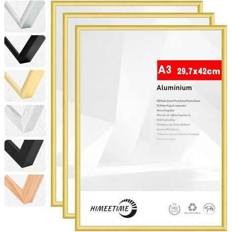 3x Bilderrahmen A3 29,7x42 cm Gold Aluminium mit Kunststoffglas (1/5)