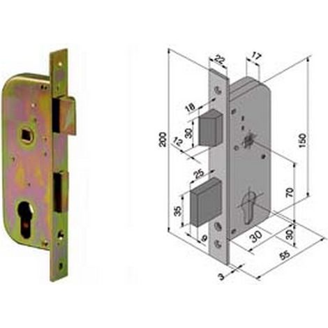 1PZ SERRATURA DA INFILARE PER CANCELLI 2 MANDATE E SCROCCO CILINDRO SAGOMATO 061 - MM.30 CON CATENACCIO MM.25 (06130000)