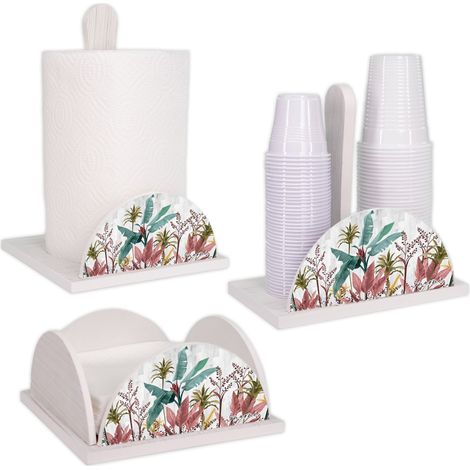 Lupia - Set 3 Pezzi Cucina in Legno White BANANA LEAVES grey: Porta Tovaglioli, Porta Bicchieri, Porta Rotolo, Decorazione Elegante, Adatto a Stili Moderni e Classici, stile foglie banano (1/4)