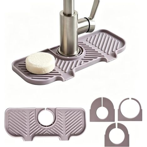 Tapis d'égouttage en silicone pour robinet, évier, double ouverture réglable, égouttage rapide, compatible avec robinets, éviers, cuisine, salle de bain, lavabo, gris (1/5)