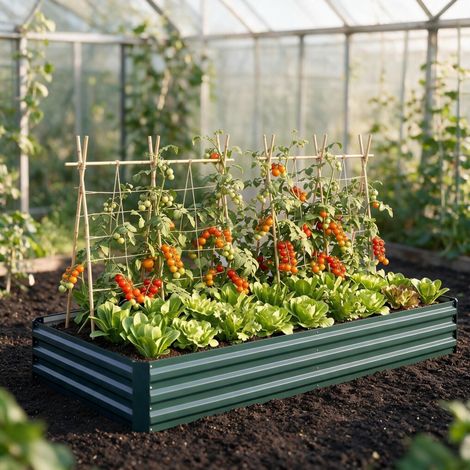 Bancal elevado de jardín 241x90,5x30 cm de acero verde oscuro modular FloraGrace (1/5)