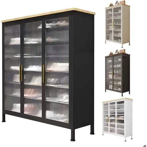 Armoire rangement à chaussures - SEVEN COMFORT - Armoire vitrée fermée (7 niveaux) - Noir - 25 paires - Portes verre ondulé (1/5)