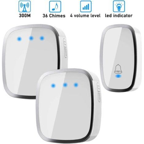 Sonnette sans Fil, Carillon sans Fil Etanche à 300 Mètres de Portée, Kit de Carillon avec LED et 36 Mélodies au 4 Niveau Volume pour Maison, Bureau, Hôtel-1 Emetteur et 2 Récepteurs Inclus
