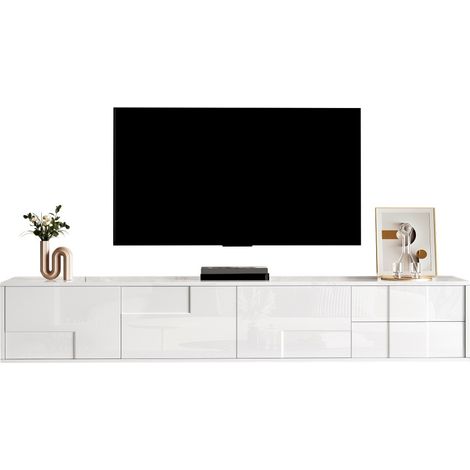 Meuble TV flottant blanc laqué brillant sans poignées - 3 portes 2 tiroirs - Rangement salon moderne - 170x30x30,5cm (1/5)