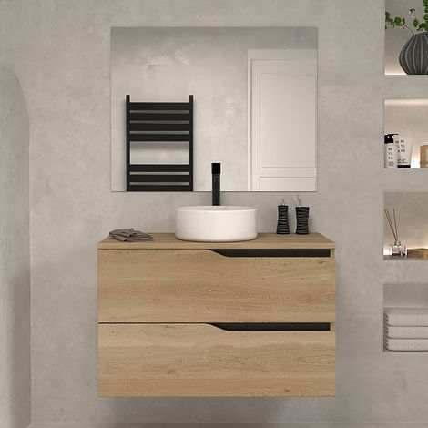 Meuble de salle de bain 80 avec plateau et vasque à poser - 2 tiroirs - madera miel (bois clair) - LUNA (1/5)