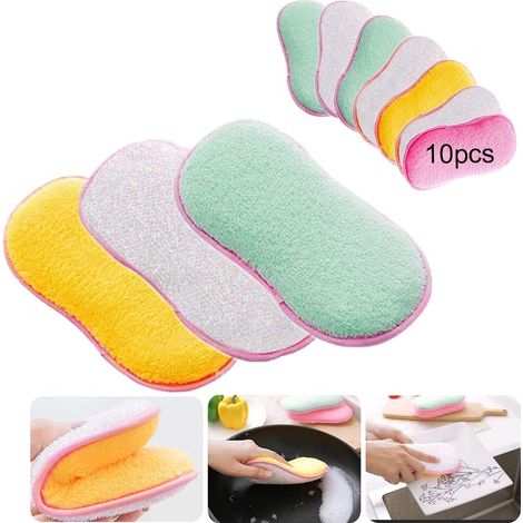 10 Pièces Tapis de Récurage Double Face de Cuisine, éponges Antibactériennes en Microfibre Pour le Nettoyage de la Cuisine éponges Pour le Nettoyage, (1/4)