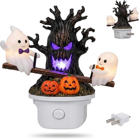 Veilleuse LED fantôme à bascule animée lampe 3D à brancher motif arbre citrouille effrayants décoration Halloween intérieure noir - 1 pièce