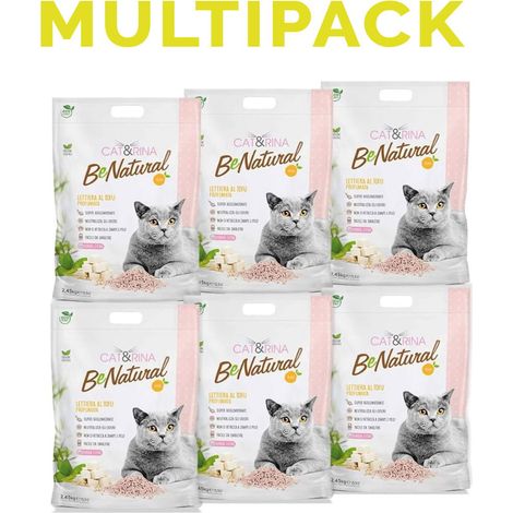 Cat&Rina lettiera per gatti al tofu da 5,5l. Lettiera gatto agglomerante vegetale. Fino a 30 giorni di utilizzo. Si smaltisce nell'organico o nel wc. Sabbia anti odore, Profumazione Pesca, 6 pezzi