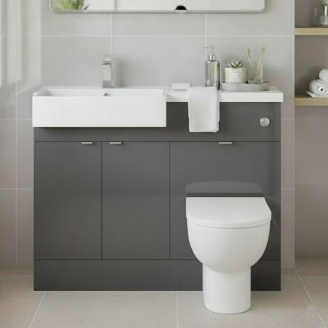 Hudson Reed Fusion LH Combination Unit with Square Semi Recessed Basin 1100mm Wide - Gloss Grey (1/4)