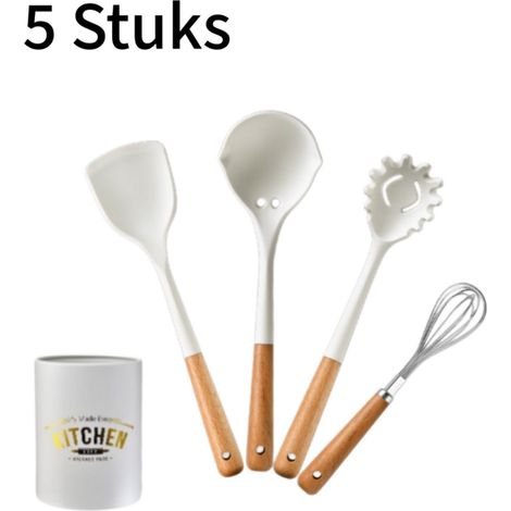 Ensemble de 5 ustensiles de cuisine en silicone alimentaire avec manches en bois résistants à la chaleur pour revêtements antiadhésifs et cuisine quotidienne couleur blanche (1/5)