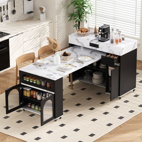 Îlot de cuisine avec table extensible - 110,5-187,5x50,5x95,5 cm - Sideboard avec prises électriques et verre cannelé - Noir (1/5)